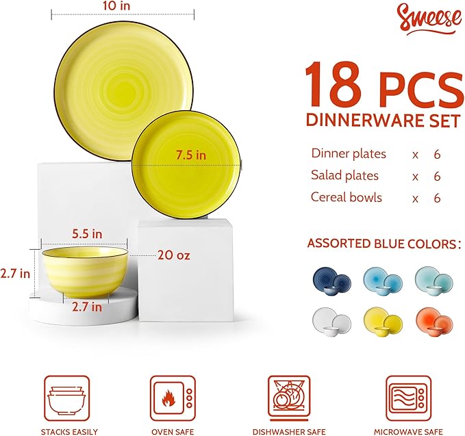 Sweese Plates and Bowls Sets, 18 Piece Dinnerware Set Porcelain Round Dinner Set for 6, Scratch Resistant Dishes Set, Dishwasher Oven Microwave Safe Handpainted Swirl Dishware Sets, Assorted Colors
