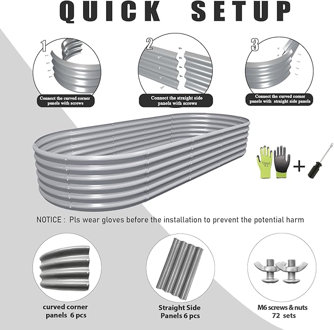 1 Pack 8x3x1.5FT Galvanized Raised Garden Bed Kit Oval Metal Ground Planter Box Outdoor Bottomless Planter Raised Beds for Vegetables Flowers Herbs Fruits, Gray