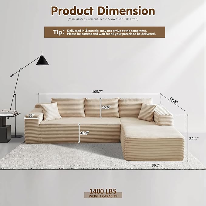 ovios 104" Cloud Sectional Couch with L-Shape Chaise,Modern Modular Sofa with Deep Seat, Upholstered Couches for Living Room Bedroom,No Assembly Required, Beige (Plush Corduroy Fabric)