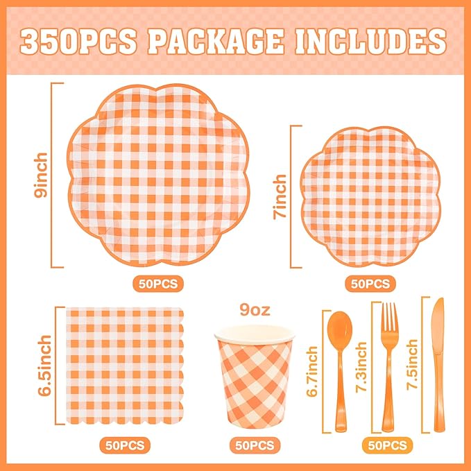 350 Pcs Orange and White Gingham Party Supplies - Orange Gingham Paper Plates and Napkins Sets Serve 50 - Scalloped Checkered Plates for Birthday Picnic Fall Halloween Thanksgivng Party Decorations