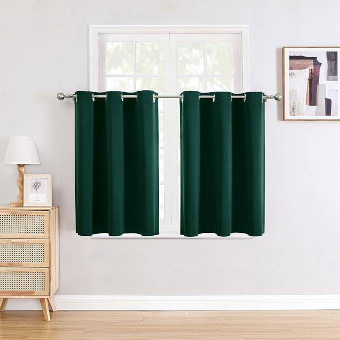 ChrisDowa Small Window Curtains for Kitchen and Bedroom - Grommet Short Thermal Insulated Room Darkening Curtains (2 Panels, Forest Green, 52 x 36 Inch)