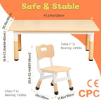 FUNLIO Kids Table and 4 Chairs Set for Ages 3-8, Height Adjustable Toddler Table and Chair Set, Easy to Wipe Arts & Crafts Table, for Classrooms/Daycares/Homes, CPC & CE Approved (5 pcs Set) - Natural