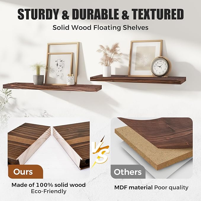 Floating Wall Shelves 2-Pack - 24-Inch Rustic Brown Wooden Shelves for Storage and Décor, Easy Installation for Living Room, Bedroom, and Kitchen