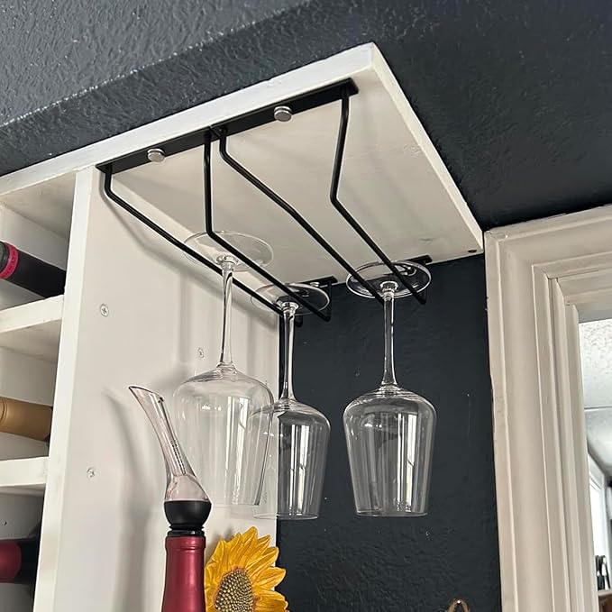 10.8 Inch Black Wine Glass Rack, Under Cabinet Wine Glass Holder Stainless Steel Stemware Rack - Hanging Stemware Holder for Cabinet Kitchen Bar, Set of 2