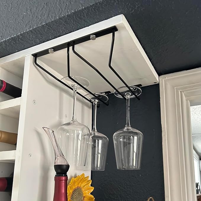10.8 Inch Black Wine Glass Rack, Under Cabinet Wine Glass Holder Stainless Steel Stemware Rack - Hanging Stemware Holder for Cabinet Kitchen Bar, Set of 4