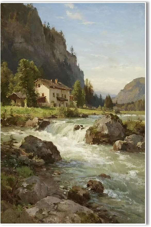 Vintage landscape rural scenery poster art farmhouse cottage wall decor living room kitchen quiet country stream suitable for bedroom bathroom