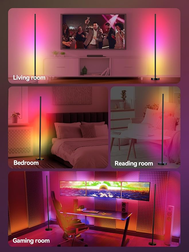 Smart RGBICW LED Corner Floor Lamp - 16 Million DIY Colors, 68+ Scenes, Music Sync, App & Remote Control, Color-Changing Ambient Lighting for Living Rooms, Bedrooms, and Gaming Rooms