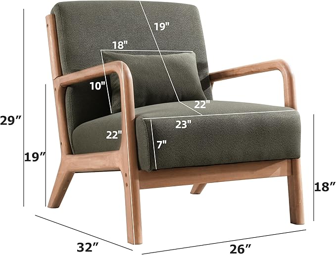 INZOY Mid Century Modern Accent Chair with Wood Frame, Upholstered Living Room Chairs with Waist Cushion, Reading Armchair for Bedroom Sunroom (Green)