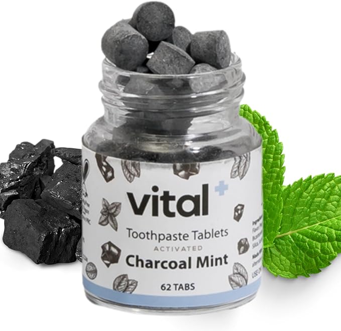 Vital Toothpaste Tabs with Nano-Hydroxyapatite | Naturally Whitens + Remineralizes Teeth | Fluoride & Plastic Free | Combats Sensitivity | Travel & Eco Friendly | Charcoal Mint | 62 Tablets (1 Month)
