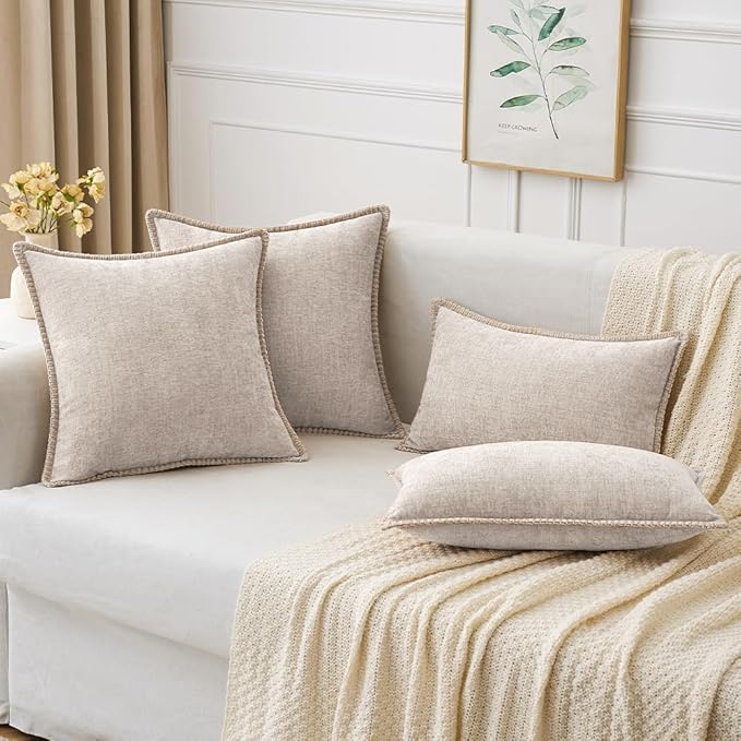 MIULEE Pack of 2 Couch Throw Pillow Covers 18x18 Inch Light Brown Farmhouse Decorative Pillow Covers with Stitched Edge Soft Chenille Solid Dyed Pillow Covers for Sofa Bed Living Room