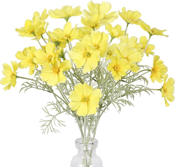 IPOPU Fake Yellow Flowers Artificial Daisies 5PCS Silk Cosmos Fake Daisies Wild Flowers 24.5”Artificial Wildflowers Table Decor for Baby Shower Centerpieces Wedding Bouquet (Yellow)