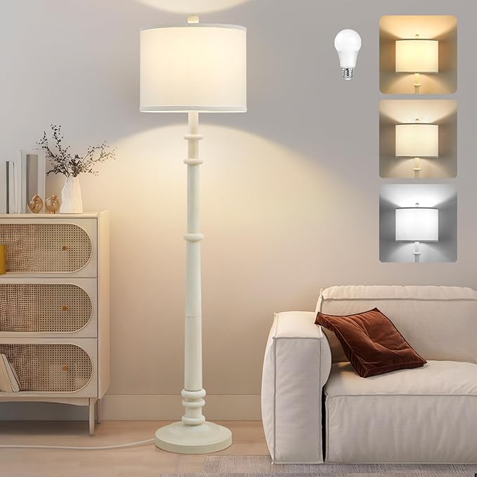 Floor Lamps for Living Room - 60" Resin Farmhouse Floor Lamp with 3 Color Temperatures - Vintage Standing Lamp Reading Light with Linen Shade Retro Tall Lamp for Bedroom Office, Almond White