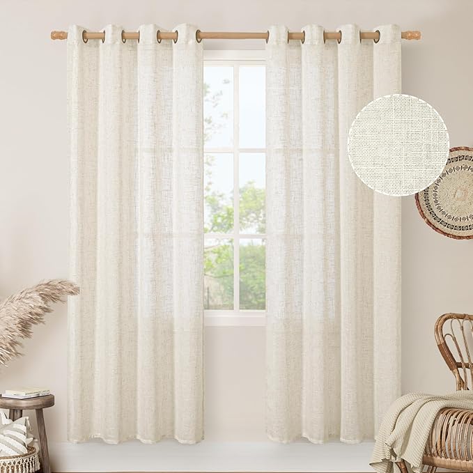 LAMIT Natural Linen Curtains for Living Room 2 Panels Set, 80 Inch Faux Linen Textured Light Filtering Drapes Bronze Grommet Boho Panels for Farmhouse/Bedroom/Porch, 52 x 80 Inch