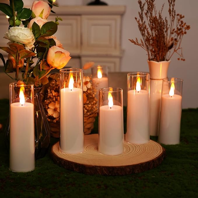 Amagic Pure White Flameless Candles, Battery Operated Candles, Acrylic Flickering LED Pillar Candles with Remote Control and Timer, 3D Wick, Yellow and Blue Glow, D2.2 xH5 6" 7", Set of 9