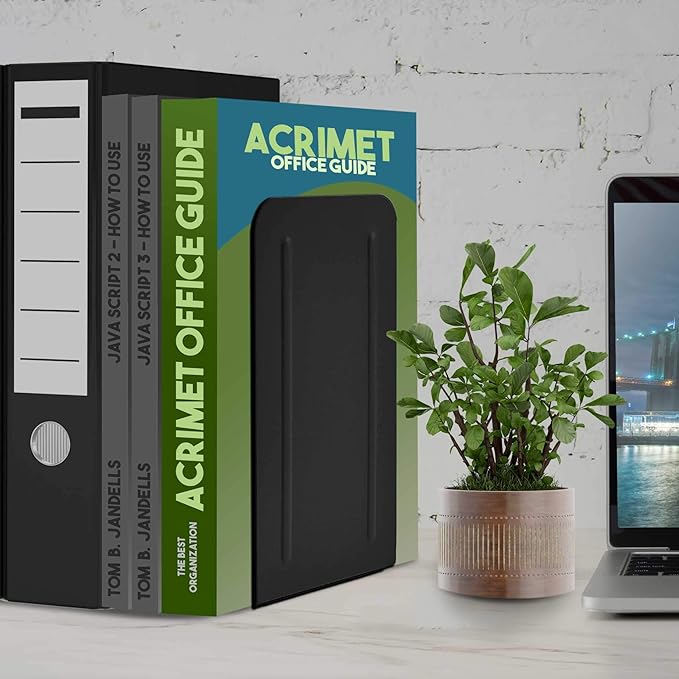 Acrimet Metal Bookends, Jumbo Size 9" H x 4" W x 4-1/2" D, Non-Skid Book Stand for Shelves, Heavy Duty Book Stopper, Black, 1 Pair