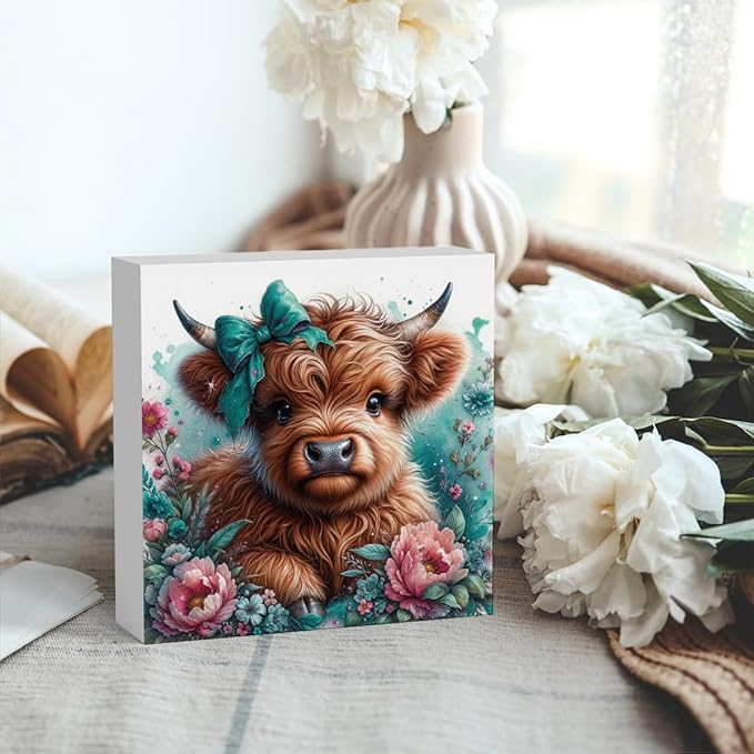 Highland Cow Decor, Highland Cow Gifts for women, Highland Cow Baby Decor, Cow With Pink Bow, Highland Cow Nursery Decor, Wooden Box Decor Sign for Home Farmhouse Office Living Room Table Shelf