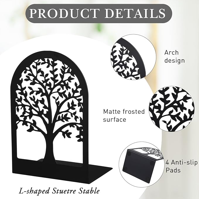 Faccito 5 Pairs Book Ends, Black Metal Bookends for Shelves Decorative, Non Skid Tree Stopper and Flower Shelf Holder for Heavy Books, Home Office School Supplies(Modern)