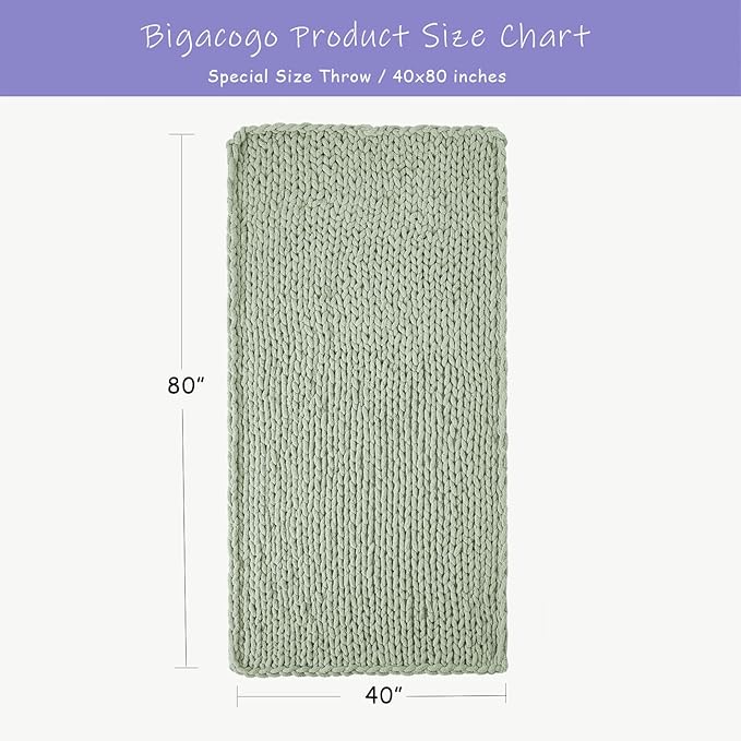 Bigacogo Chunky Knit Throw Blanket for Couch, 40x80 inches, 100% Hand Knitted with Thick Jumbo Chenille Yarn, Cozy Soft Large Rope Knot Cable Crochet Blankets for Sofa Bed Living Room, Sage Green