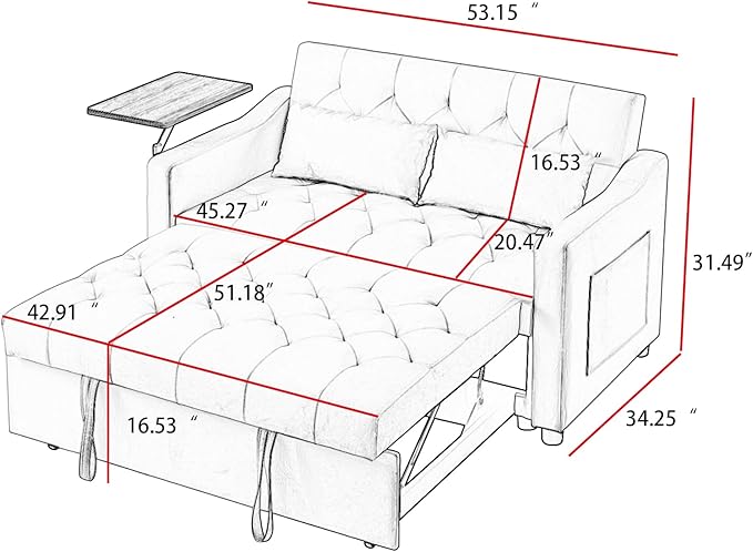 3-in-1 Convertible Sleeper Sofa Bed, Pullout Couch with 360° Swivel Side Table, Modern Chenille Fabric, Easy to Assemble, Folding Loveseat Sofa Bed for Living Room & Guest Room