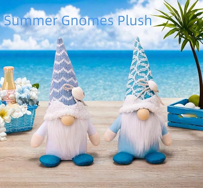 Summer Gnomes Decorations, Beach Gnome Plush Decor for Home Ocean Day Gnomes Tiered Tray Decor Handmade Tomte Swedish Nisse Scandinavian Elf Dwarf,Birthday Gnome Gifts, White