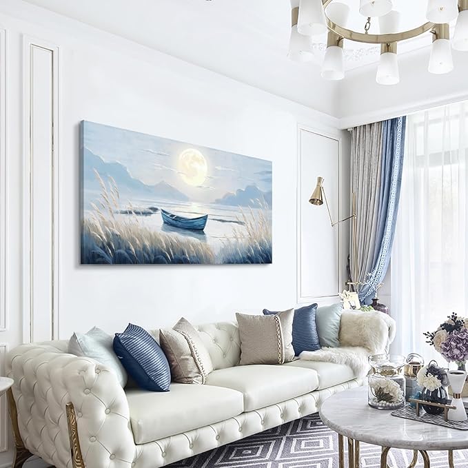 Large Wall Art for Living Room Bedroom Decor - Modern Nautical Beachy Ocean Beach Seascape Nature Artwork with Blue Boat Moon Lake Mountain Sea - Relaxing Serene Canvas Picture for Coastal Rustic Home