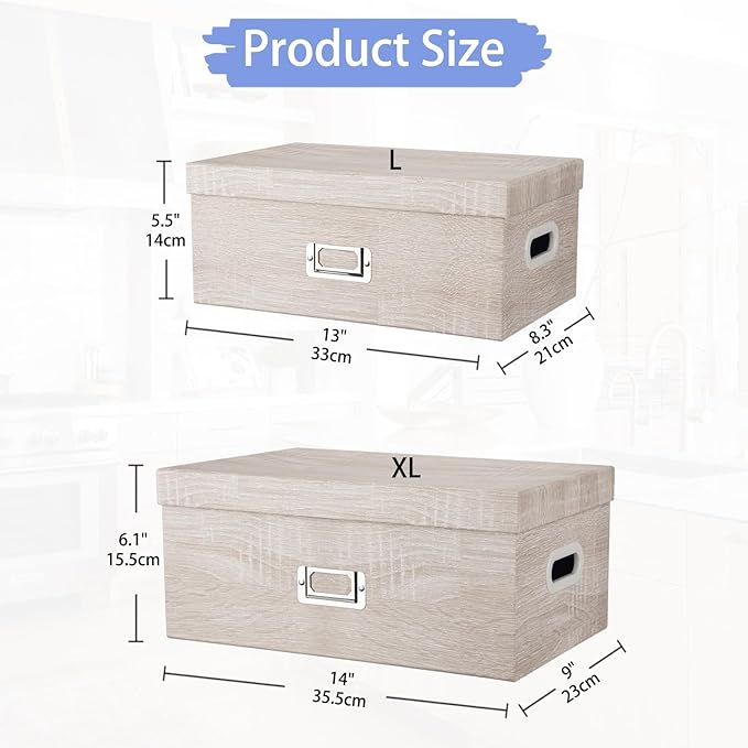Briful Set of 2 Rustic Wood Grain Storage Boxes with Lids – Stackable Rectangular Organizer Bins, 14'' + 13'' Set Decorative Storage Containers for Bedroom, Living Room, Gifts