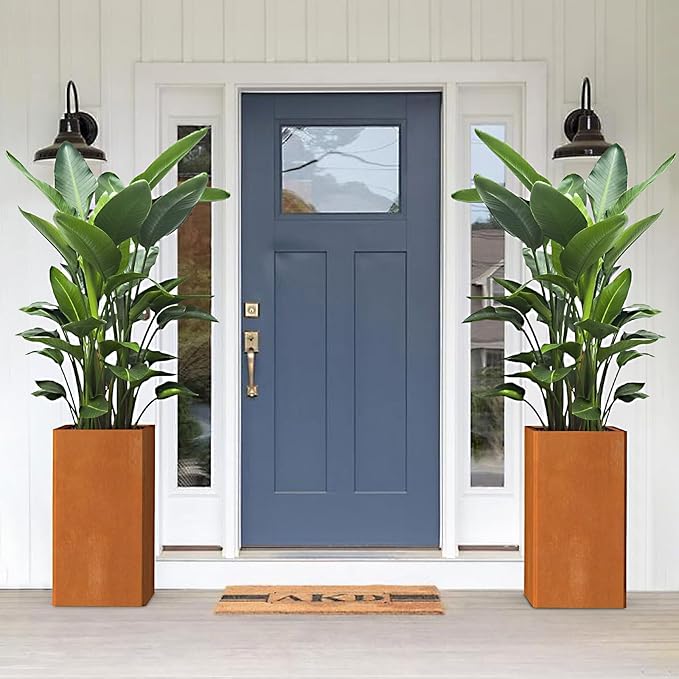 Modern Cor Ten Steel Planter – 28” Tall Planters with Removable Insert Shelf | Heavy-Duty Rust-Resistant Metal Planter Box for Patio, Porch & Garden (14x14x28in)