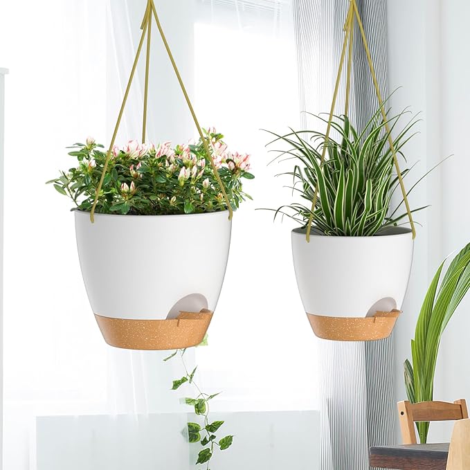 ZMTECH 10 Inch Hanging Planters for Indoor Outdoor Plants, 2 Pack Self Watering Hanging Plant Pots with Drainage Holes and Removable Saucer, Plastic Flower Hanging Pots with Watering Lip (White)