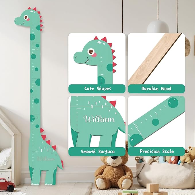 Personalized Name Growth Chart, Dinosaur Wooden Height Chart, Thick Height Measuring Board, Kids Height Tracker for Nursery Decor, Baby Boy Girl Measurement Ruler, Growth Charts Ruler
