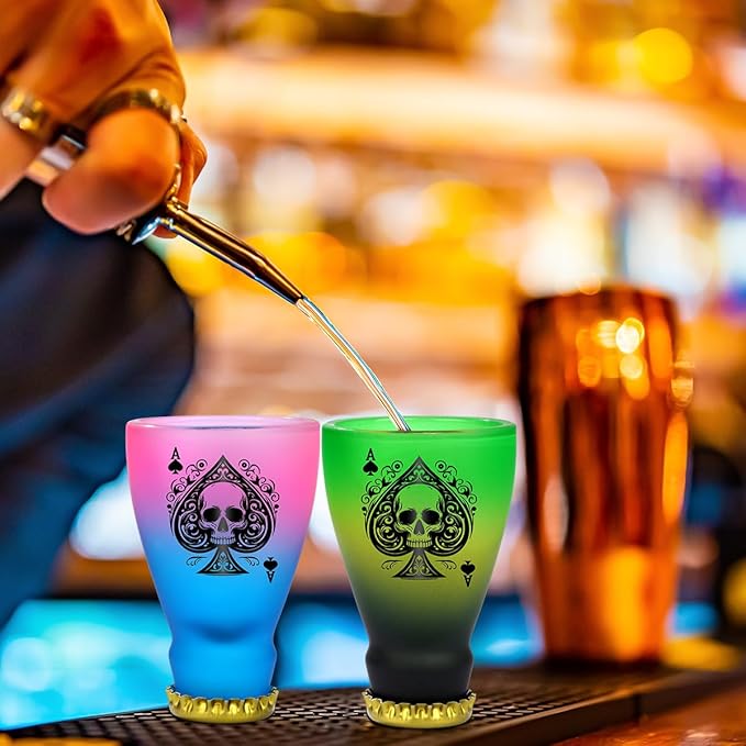 Spades Skull Pattern Glass Shot Glasses, Unique Wine Bottle Shot Glass, 43ml Shot Cups Set of 2 with Gift Box for Alcohol Shots, Vodka, Expresso, Tequila & Dessertsor, Gothic Christmas Gift