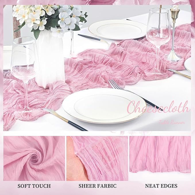 Light Pink Cheesecloth Table Runner 20 Pack 10FT Rustic Gauze Fabric Cheese Cloth Table Runner for Wedding 20 x 120 Inch Long Bridal Baby Shower Table Decorations Boho Sheer Birthday Party Table Decor