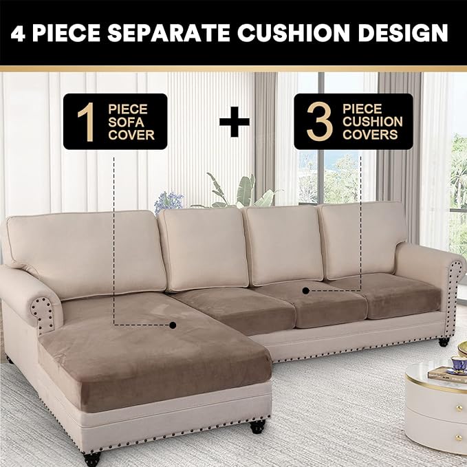 PrinceDeco Sectional Couch Covers 4 Pieces Couch Covers for Sofa Velvet Separate Couch Cover L Shape for Left/Right Chaise(3 Seater + 1 Chaise,Taupe)