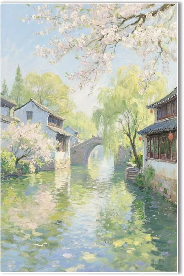 Small bridge stream house Jiangnan style landscape poster suitable for living room bedroom office natural oil painting poster
