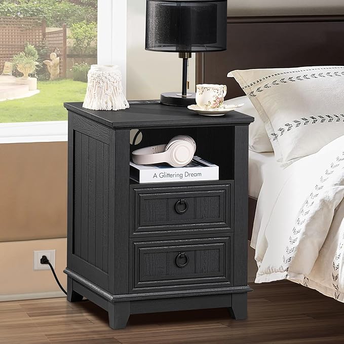 18" Night Stands Set of 2 with Charging Station, Farmhouse 2 Drawers End Table Dresser for Bedroom, Black Wooden Nightstand, Bed Side Table with Open Shelf, Bedside Cabinet for Living Room