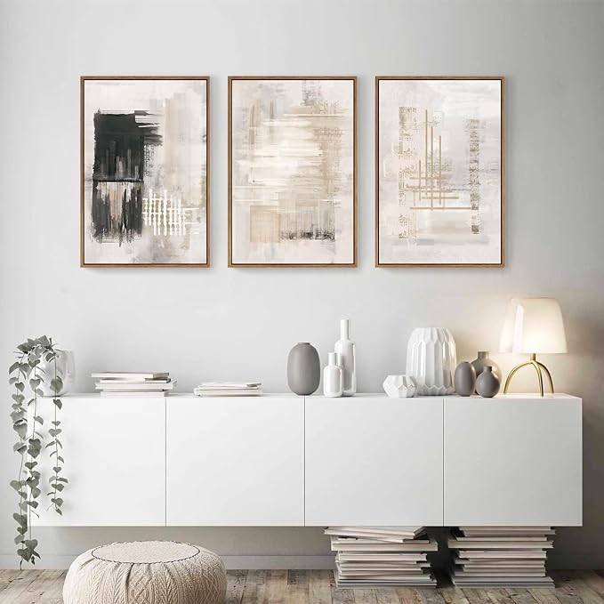 HPINUB Modern Abstract Canvas Wall Art, Set of 3 Framed Art Prints, Black and White Large Wall Painting, 16x24inch Neutral Minimalist Wall Decor for Living Room, Bedroom, Dining Room, Office, Bathroom