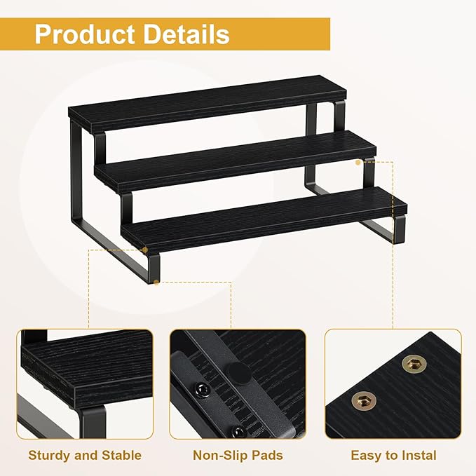 Giikin 3 Tier Spice Rack, Set of 2 Wooden Spice Rack for Countertop, Cabinet Organizer Shelf Kitchen Counter Storage Shelves Cupcake Stand Holder Display Stand, Black