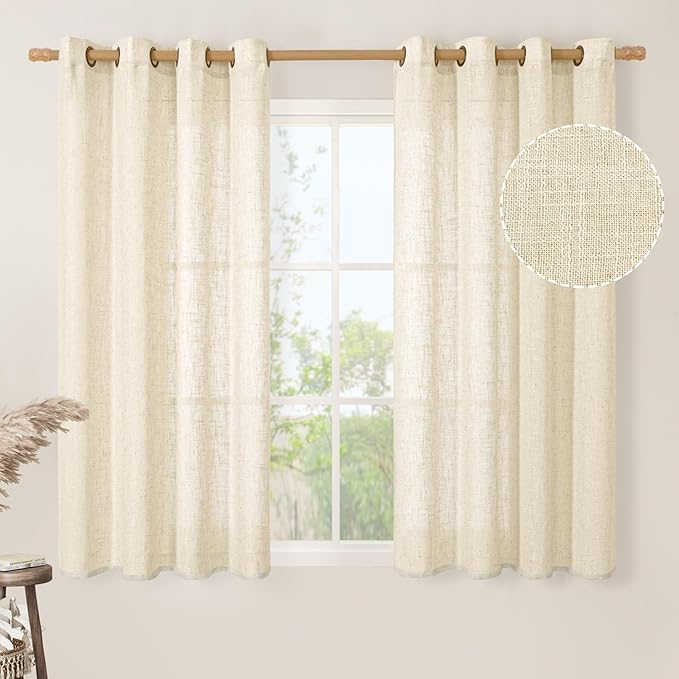 LAMIT 45 Inch Length Linen Curtains for Bedroom, Light Filtering Semi Sheer Neutral Short Decorative Window Drapes with Bronze Grommet for Kitchen,2 Panels Set, 52 X 45 Inch, Beige