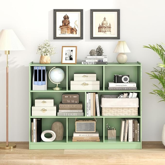 Tangkula 8-Cube Bookcase, Wood 3 Tier Open Storage Bookshelf, Modern Multipurpose Display Cabinet for Living Room, Study, Reading Nook, 48 x 12.5 x 36.5 Inch (Green)