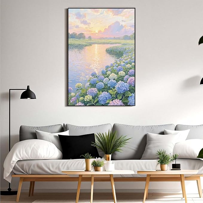 The hydrangea scenery all over the lake at sunset is suitable for posting in the living room bedroom office landscape poster wall painting