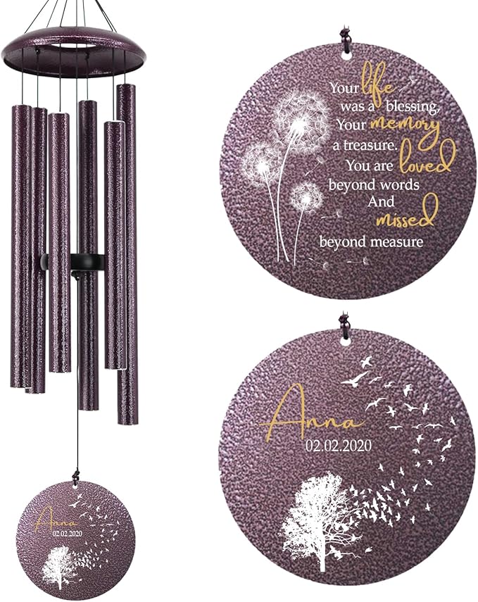 Sympathy Wind Chimes, Personalized Wind Chime for Loss of Loved Ones, Customized Tree Bird Wind Chimes, Commemorative Wind Chime Deep Tone (36inch)