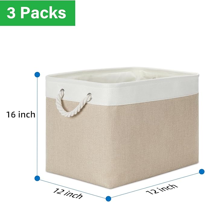 Bidtakay Large Storage Baskets for Organizing Fabric Closet Organizers Storage Bins with Handles 3-Pack 16x11.8x11.8 Inch Collapsible Baskets for Shelves Clothes Home Organization L-White&Beige