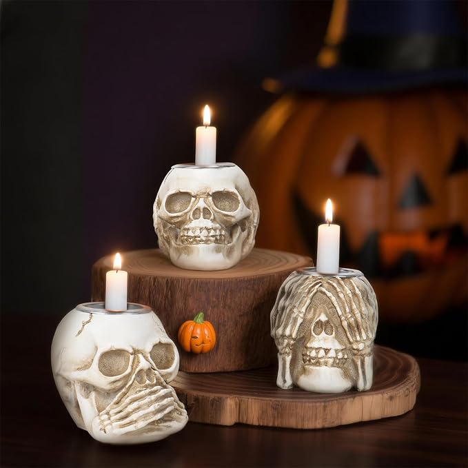 Halloween Skull Candle Holder, Skeleton Head Candlestick Holders Table Decor Centerpiece Candlesticks, Resin Horrible Spooky Creepy Crafts for Flameless Candle Halloween Christmas Home Party, Set of 3