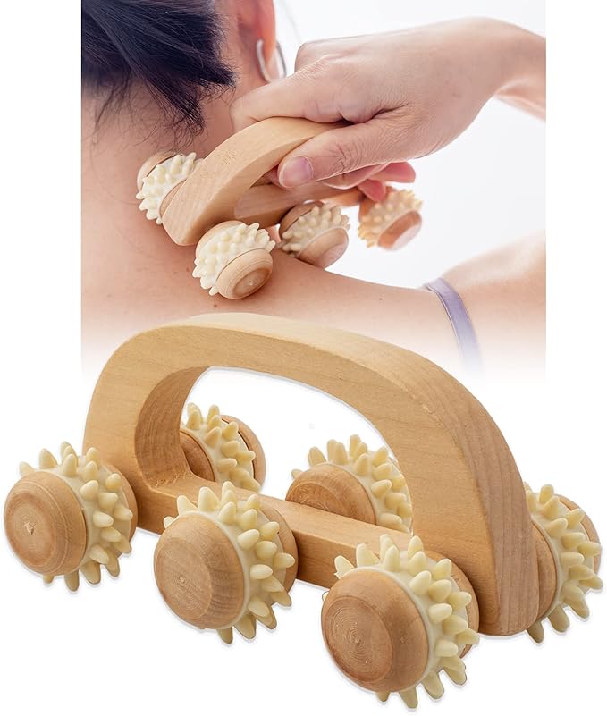 Handheld Massage Roller for Sore Muscle, Wood Therapy Massage Tools for Body, Wooden Fascia Roller for Deep Tissue, Lymphatic Drainage Massager for Legs/Thighs/Butt