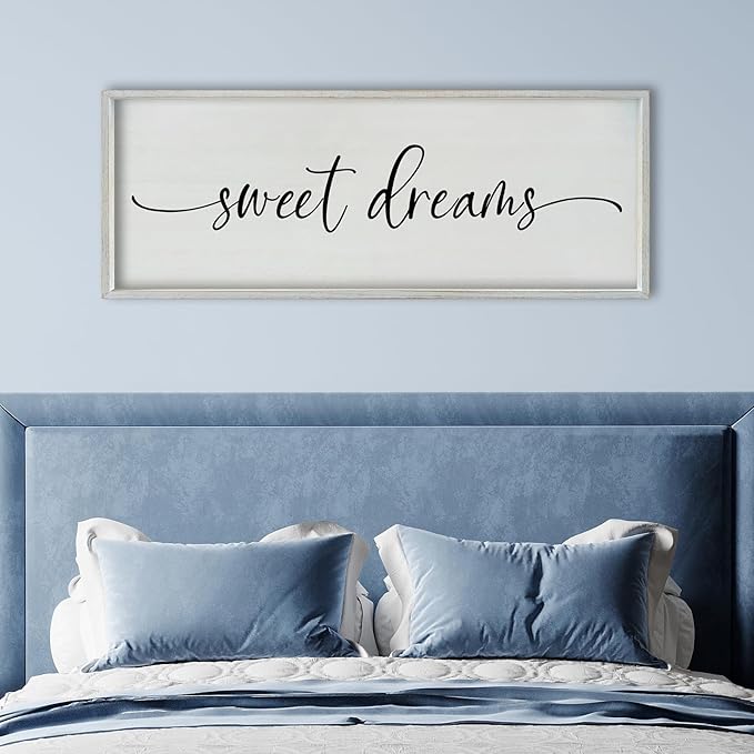SRSZHIYUE Sweet Dreams Above Bed Wall Decor, 40"x15" Large Rustic Master Bedroom Over Bed Sign Guest Room Couples Wood Framed Farmhouse Horizontal Hanging Decoration (White)