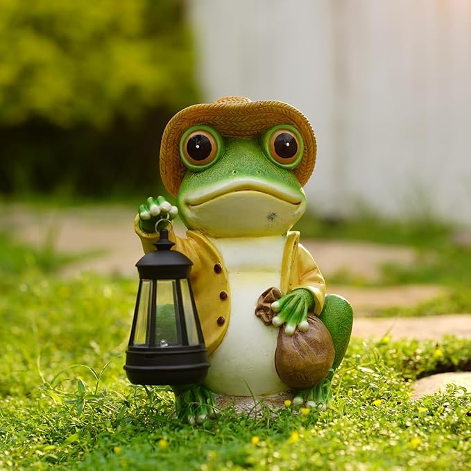 Solar Garden Outdoor Frog Statue 10 inches Tall - with Handheld Lanterns - Detachable - Patio, Balcony, Shelf, Tabletop, Lawn Decoration - Unique Housewarming, Birthday, Thanksgiving, Mom Gifts