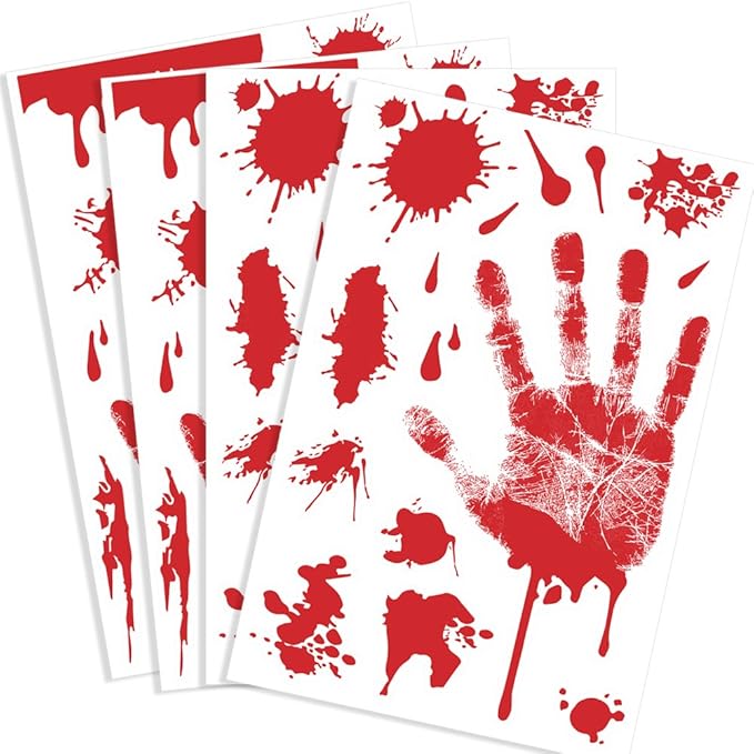 KUUQA 4 Pcs Bloody Handprint Clings Horror PVC Stickers Decals for Halloween Decorations