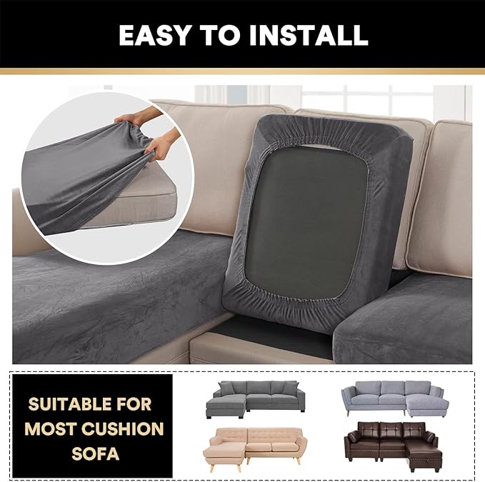 PrinceDeco Sectional Couch Covers 3 Pieces Velvet Sofa Covers L Shape Soft Couch Covers for Sectional Sofa Corner Sofa Cover Couch Cover for Dogs Washable (2 Seater + 1 Chaise,Grey)