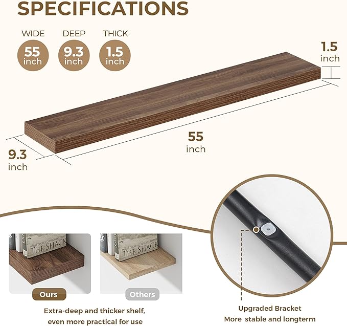 Dreamland 55 Inches Floating Shelves for Wall, 9.3" Deep Long Floating Shelves Set of 1, Large Display & Storage Shelf, Wall Shelf for Bathroom Bedroom Living Room Kitchen Office, Walnut