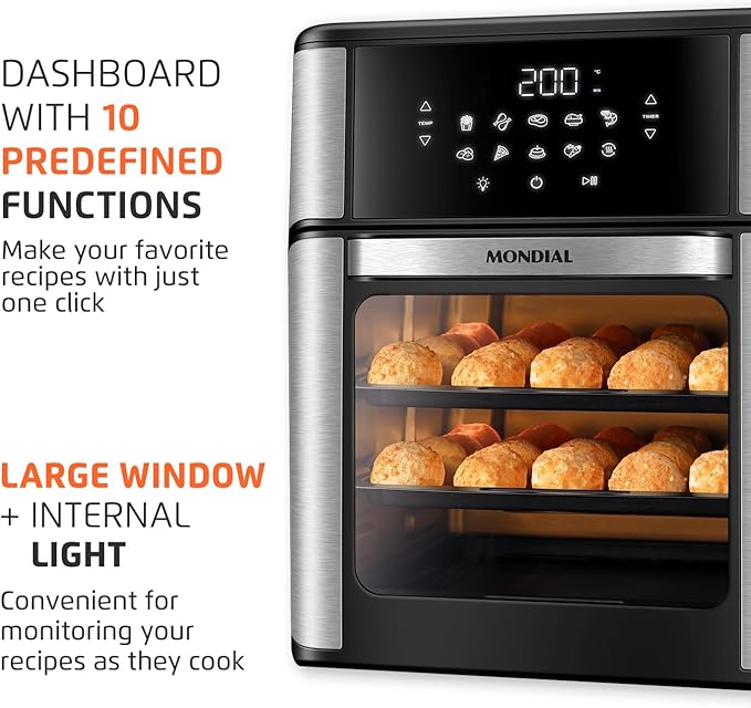 Air Fryer Oven 1800W, 12.7QT Capacity, Touchscreen Panel, Automatic Shut-Off – Black & Stainless Steel – Mondial
