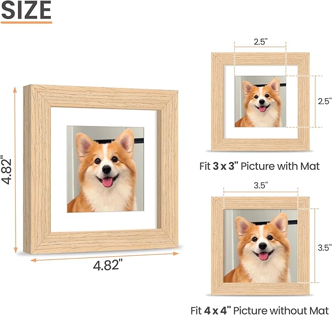 upsimples 4x4 Picture Frame, Natural Solid Wooden Picture Frames, Display 3x3 with Mat or 4 x 4 Without Mat, Wall or Tabletop, 1 Pack, Natural